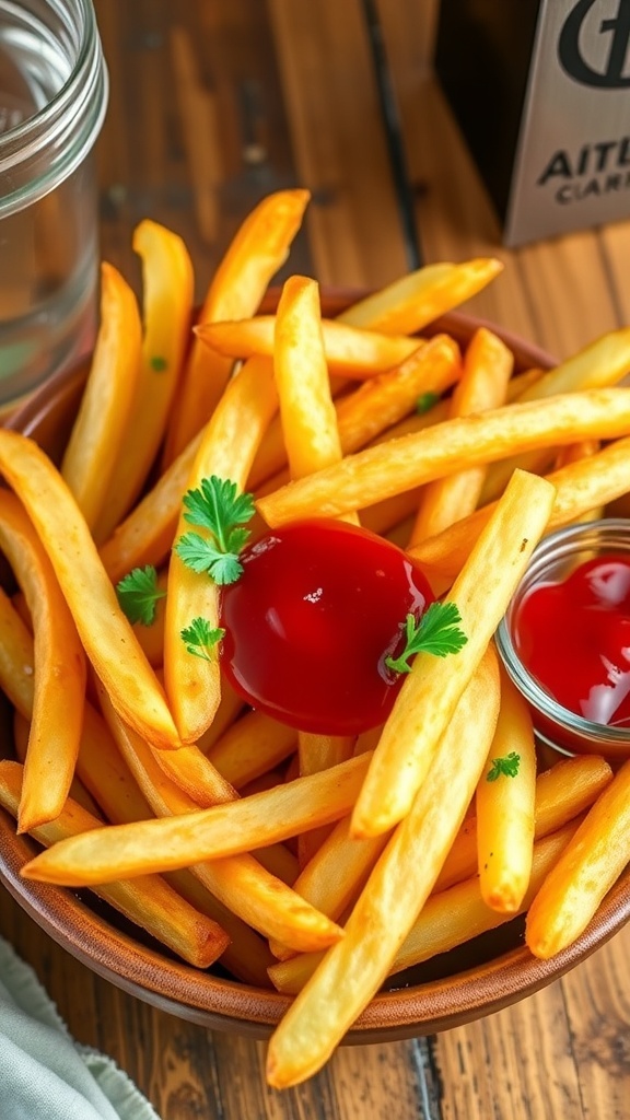 Crispy Salt and Vinegar Air Fryer French Fries Crispy salt and vinegar air fryer French fries served with ketchup on a wooden table.